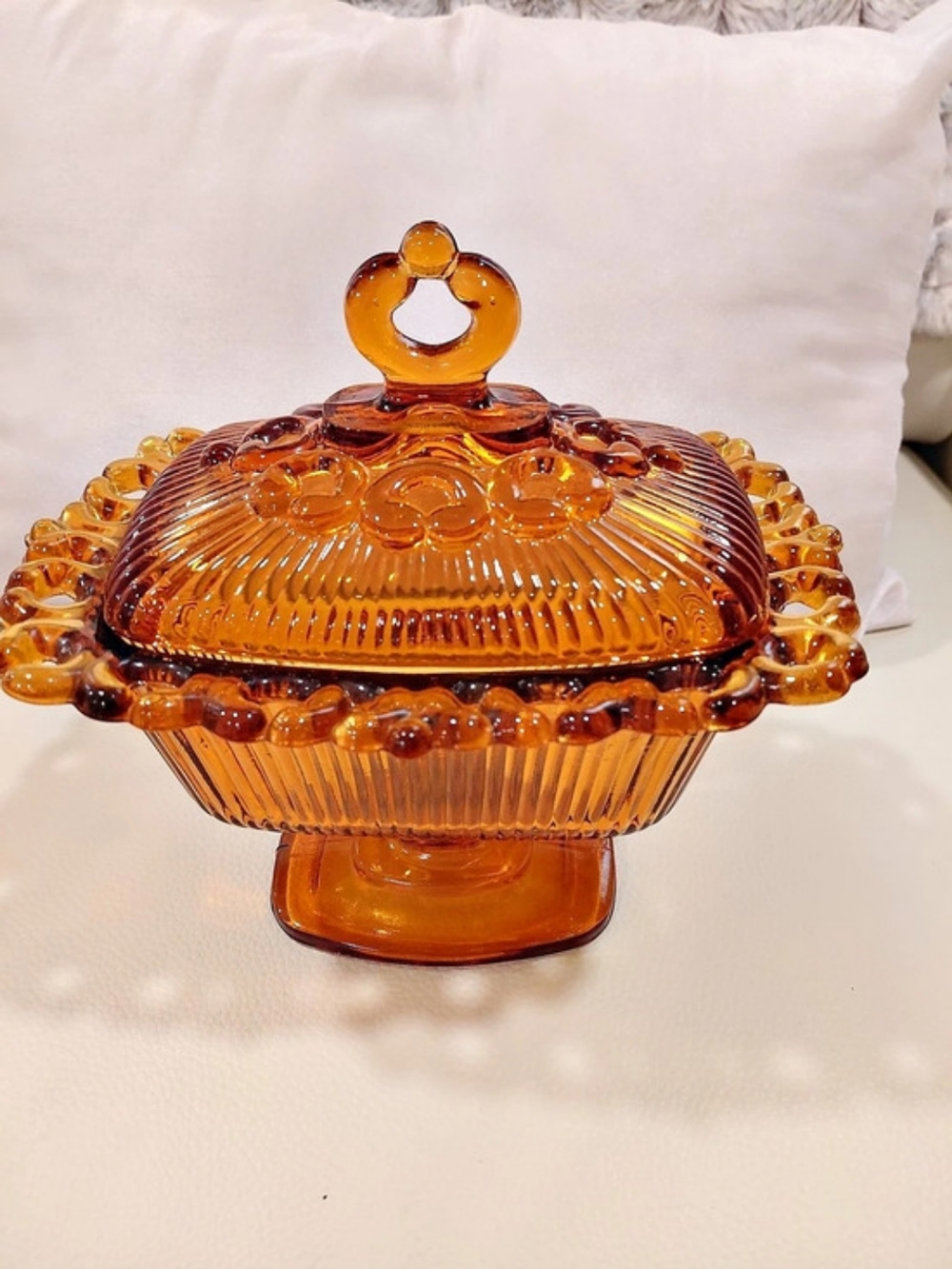 Indiana Glass Amber Ribbed Footed Lace Edge Lidded Candy Dish